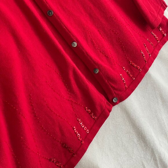 Liz Baker 1X Holiday Sequin Embellished Red Cardigan Sweater Long Sleeve Buttons - Picture 4 of 5